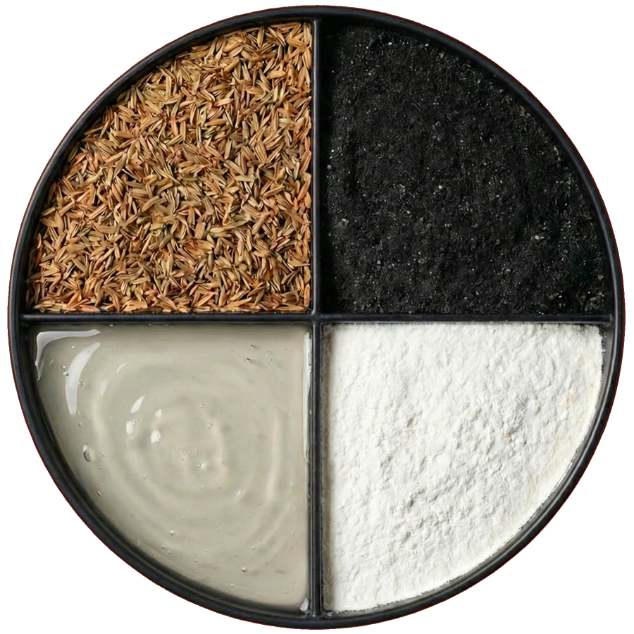 Стадии производства биосиликатов: рисовая шелуха, зола, аморфный SiO₂, жидкий силикат